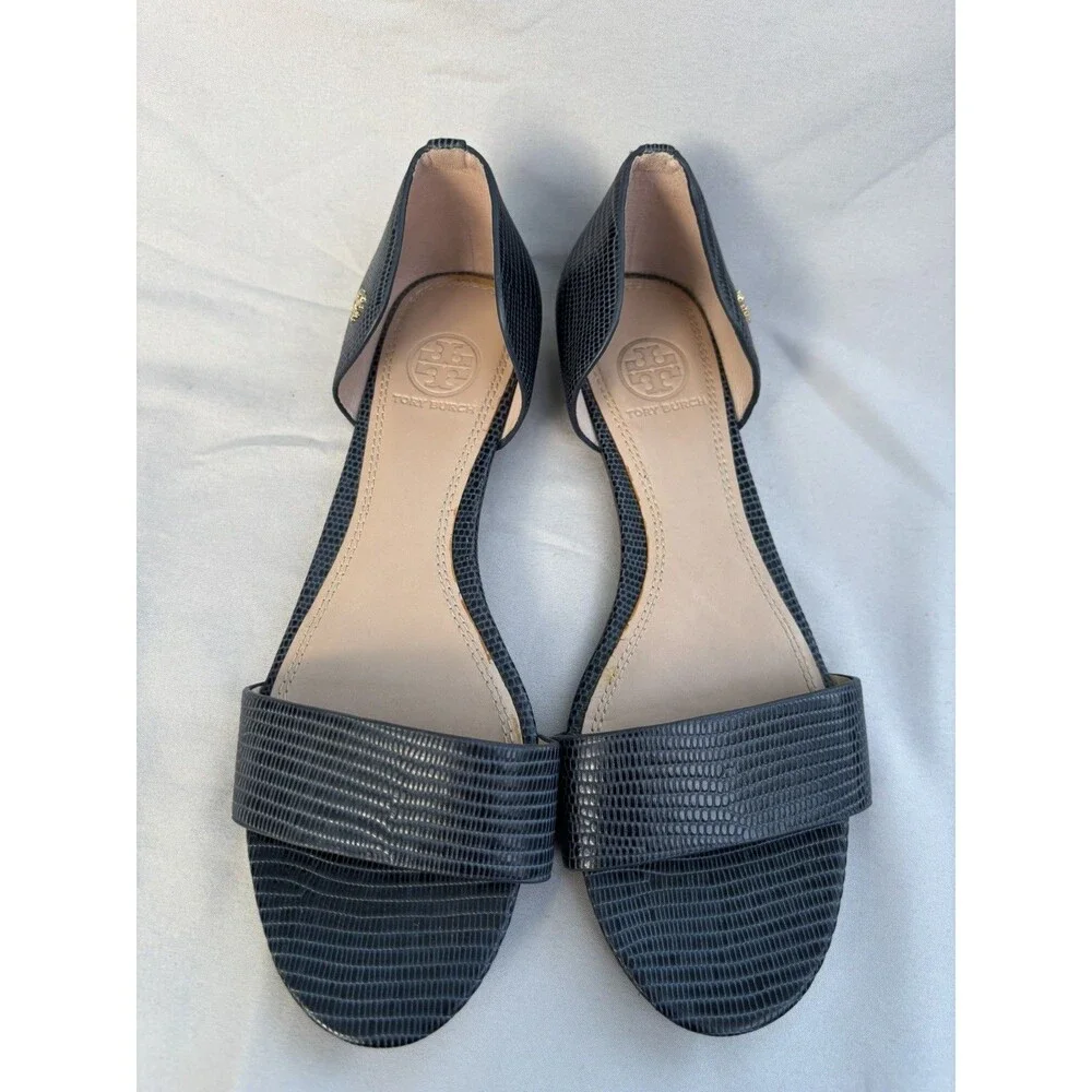 TORY BURCH Savannah Embossed Lizard Leather Sandals Sz 8 Navy Blue Flat Slip On